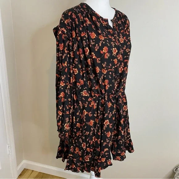 Free People | Flower Fields Black & Orange Floral Print Long Sleeve Mini Dress M - Picture 8 of 16